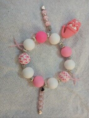 NWT Handcrafted Pink/White Silicone Bead Bracelet w/Gnome & Breast Cance Charms.